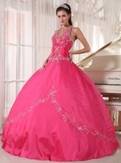 Red Ball Gown Halter Floor-length Taffeta Appliques Quinceanera Dress