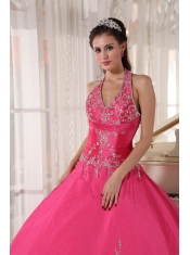 Red Ball Gown Halter Floor-length Taffeta Appliques Quinceanera Dress
