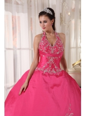 Red Ball Gown Halter Floor-length Taffeta Appliques Quinceanera Dress