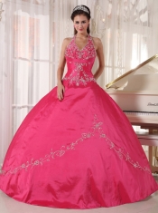 Red Ball Gown Halter Floor-length Taffeta Appliques Quinceanera Dress