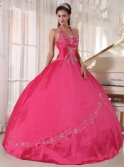 Red Ball Gown Halter Floor-length Taffeta Appliques Quinceanera Dress