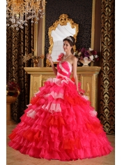 Red Ball Gown One Shoulder Floor-length Organza Ruffles and Beading Quinceanera Dress