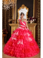 Red Ball Gown One Shoulder Floor-length Organza Ruffles and Beading Quinceanera Dress