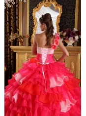 Red Ball Gown One Shoulder Floor-length Organza Ruffles and Beading Quinceanera Dress