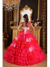 Red Ball Gown One Shoulder Floor-length Organza Ruffles and Beading Quinceanera Dress