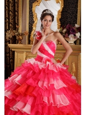 Red Ball Gown One Shoulder Floor-length Organza Ruffles and Beading Quinceanera Dress