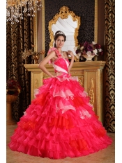Red Ball Gown One Shoulder Floor-length Organza Ruffles and Beading Quinceanera Dress