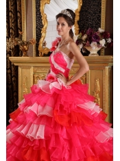 Red Ball Gown One Shoulder Floor-length Organza Ruffles and Beading Quinceanera Dress
