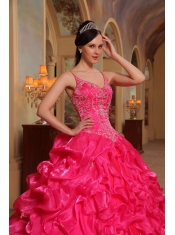 Red Ball Gown Spaghetti Straps Floor-length Organza Embroidery Quinceanera Dress