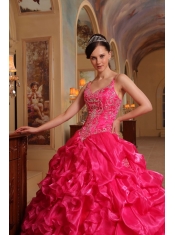 Red Ball Gown Spaghetti Straps Floor-length Organza Embroidery Quinceanera Dress