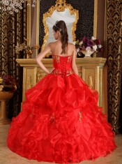 Red Ball Gown Strapless Floor-length Appliques Organza Quinceanera Dress