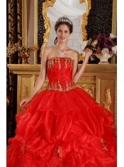 Red Ball Gown Strapless Floor-length Appliques Organza Quinceanera Dress