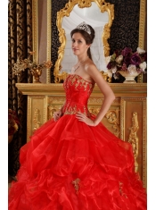 Red Ball Gown Strapless Floor-length Appliques Organza Quinceanera Dress