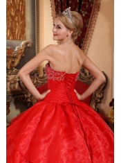 Red Ball Gown Strapless Floor-length Organza Appliques Quinceanera Dress