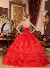 Red Ball Gown Strapless Floor-length Organza Appliques Quinceanera Dress