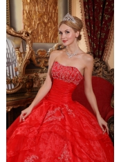Red Ball Gown Strapless Floor-length Organza Appliques Quinceanera Dress
