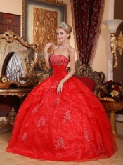 Red Ball Gown Strapless Floor-length Organza Appliques Quinceanera Dress