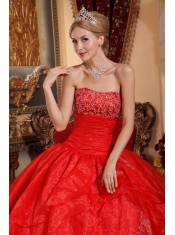 Red Ball Gown Strapless Floor-length Organza Appliques Quinceanera Dress