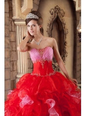 Red Ball Gown Strapless Floor-length Organza Beading and Ruffles Quinceanera Dress