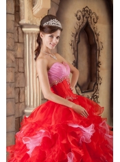 Red Ball Gown Strapless Floor-length Organza Beading and Ruffles Quinceanera Dress