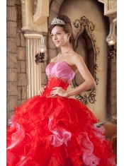 Red Ball Gown Strapless Floor-length Organza Beading and Ruffles Quinceanera Dress