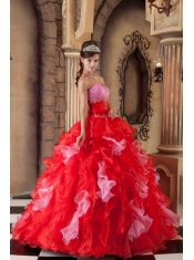 Red Ball Gown Strapless Floor-length Organza Beading and Ruffles Quinceanera Dress