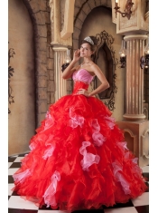 Red Ball Gown Strapless Floor-length Organza Beading and Ruffles Quinceanera Dress