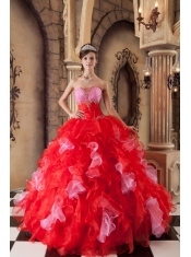 Red Ball Gown Strapless Floor-length Organza Beading and Ruffles Quinceanera Dress