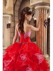 Red Ball Gown Strapless Floor-length Organza Beading and Ruffles Quinceanera Dress