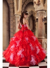 Red Ball Gown Strapless Floor-length Organza Beading and Ruffles Quinceanera Dress