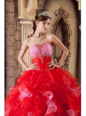 Red Ball Gown Strapless Floor-length Organza Beading and Ruffles Quinceanera Dress