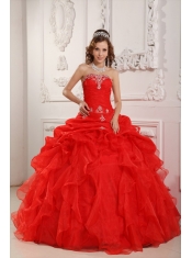 Red Ball Gown Strapless Floor-length Organza Beading And Ruffles Quinceanera Dress