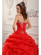 Red Ball Gown Strapless Floor-length Organza Beading And Ruffles Quinceanera Dress