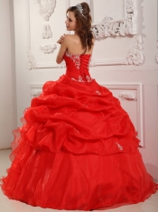 Red Ball Gown Strapless Floor-length Organza Beading And Ruffles Quinceanera Dress