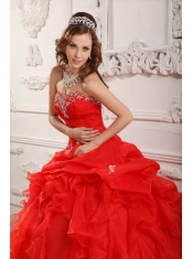 Red Ball Gown Strapless Floor-length Organza Beading And Ruffles Quinceanera Dress