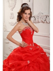 Red Ball Gown Strapless Floor-length Organza Beading And Ruffles Quinceanera Dress