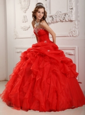 Red Ball Gown Strapless Floor-length Organza Beading And Ruffles Quinceanera Dress