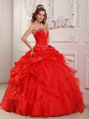 Red Ball Gown Strapless Floor-length Organza Beading And Ruffles Quinceanera Dress