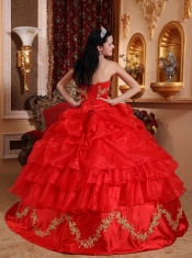 Red Ball Gown Strapless Floor-length Organza Beading Quinceanera Dress