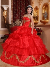 Red Ball Gown Strapless Floor-length Organza Beading Quinceanera Dress