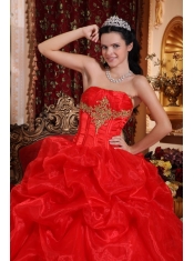 Red Ball Gown Strapless Floor-length Organza Beading Quinceanera Dress