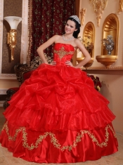 Red Ball Gown Strapless Floor-length Organza Beading Quinceanera Dress