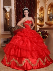 Red Ball Gown Strapless Floor-length Organza Beading Quinceanera Dress