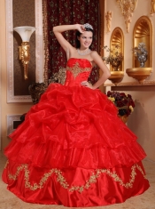 Red Ball Gown Strapless Floor-length Organza Beading Quinceanera Dress