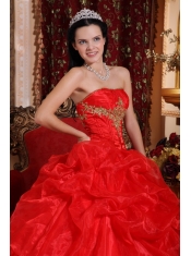 Red Ball Gown Strapless Floor-length Organza Beading Quinceanera Dress