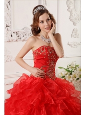 Red Ball Gown Strapless Floor-length Organza Ruffles And Embroidery Quinceanera Dress