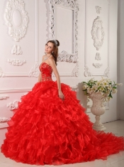 Red Ball Gown Strapless Floor-length Organza Ruffles And Embroidery Quinceanera Dress
