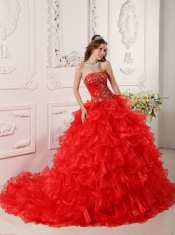 Red Ball Gown Strapless Floor-length Organza Ruffles And Embroidery Quinceanera Dress