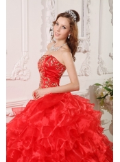 Red Ball Gown Strapless Floor-length Organza Ruffles And Embroidery Quinceanera Dress
