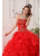 Red Ball Gown Strapless Floor-length Organza Ruffles And Embroidery Quinceanera Dress